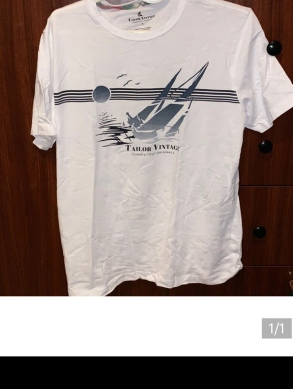Tailor Vintage White T-Shirt with Navy Sailboat Graphic